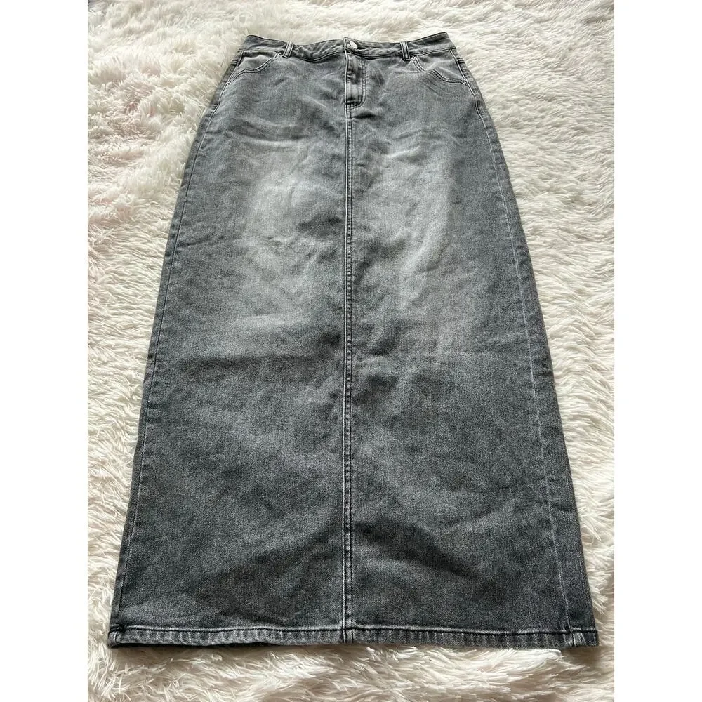 Urban Revivo Grey Denim Midi Skirt US 8 Vintage Style - Picture 2 of 8